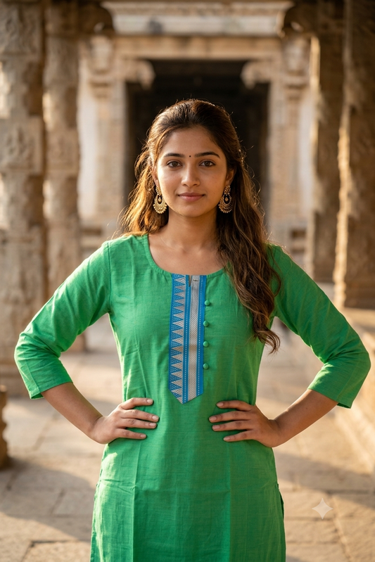 Traditional Green Chettinadu cotton Kurti with Zari Temple Border (IB0476)