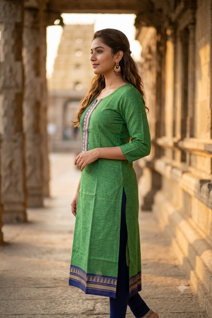 Traditional Green & Deep Blue Chettinad Cotton Straight Kurti (IB0477)