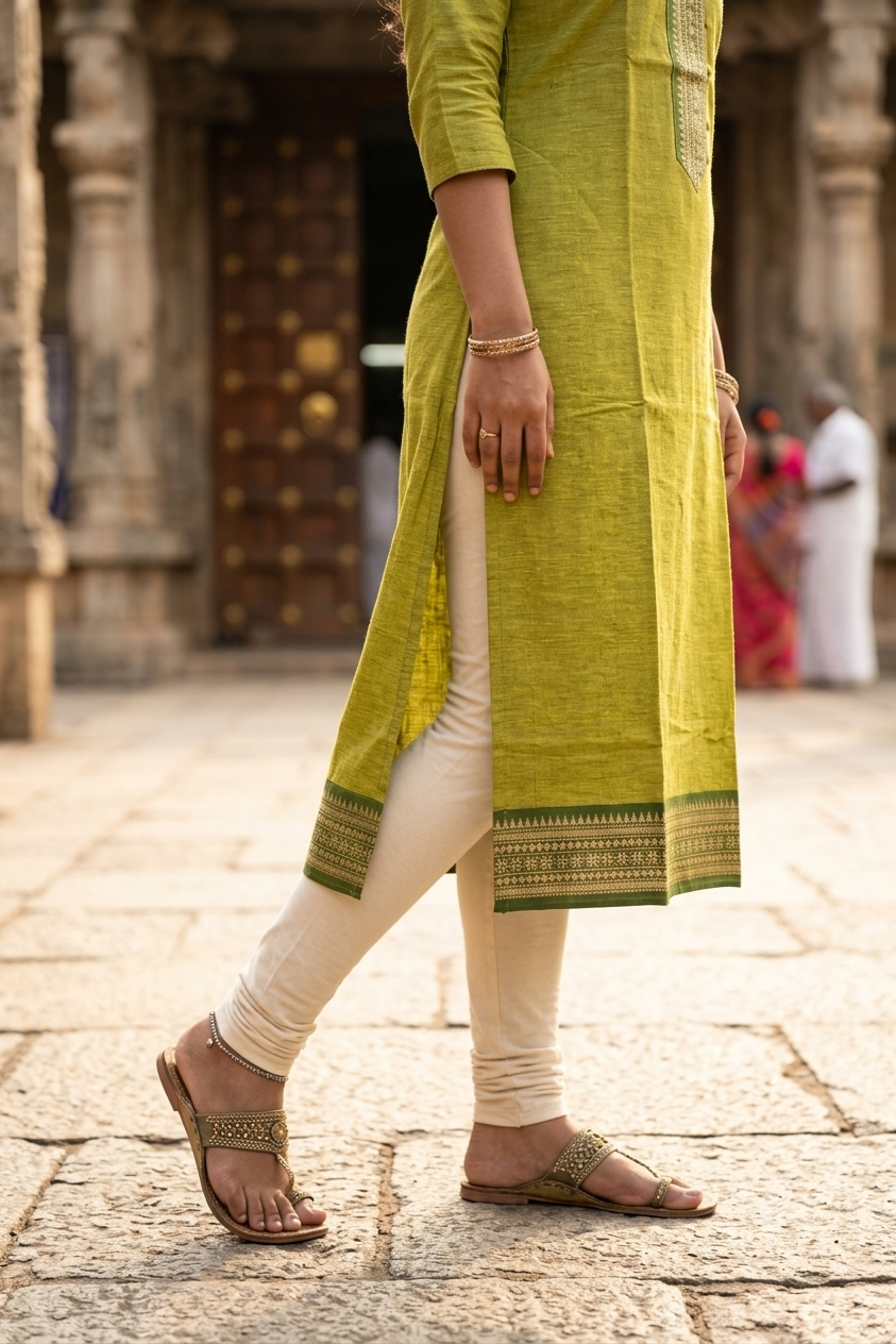 Olive Green Woven Border  chettinadu Cotton Kurti (IB0479)