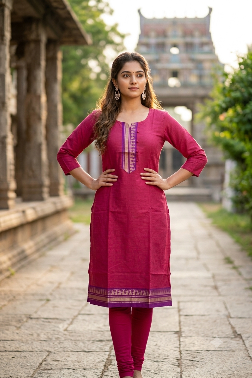Magenta Pink Straight Chettinadu Cotton Kurti with Zari Border (IB0479)