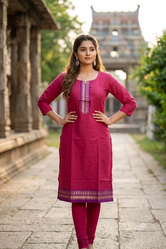 Magenta Pink Straight Chettinadu Cotton Kurti with Zari Border (IB0479)