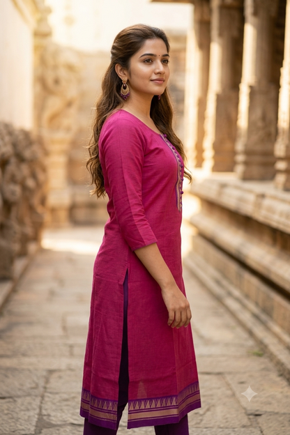 Magenta Pink Straight Chettinadu Cotton Kurti with Zari Border (IB0479)