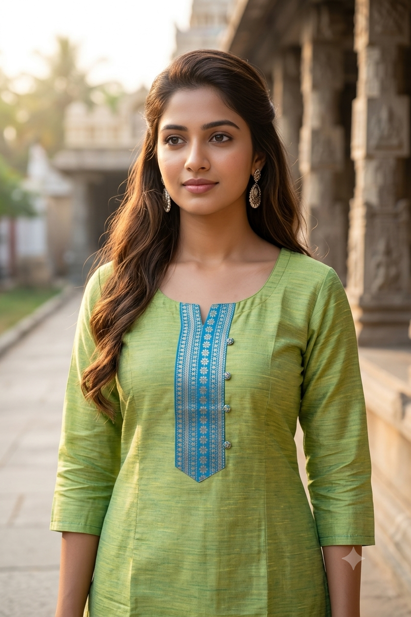 Classic Straight Lime Green Chettinad Cotton Kurti (IB0480)