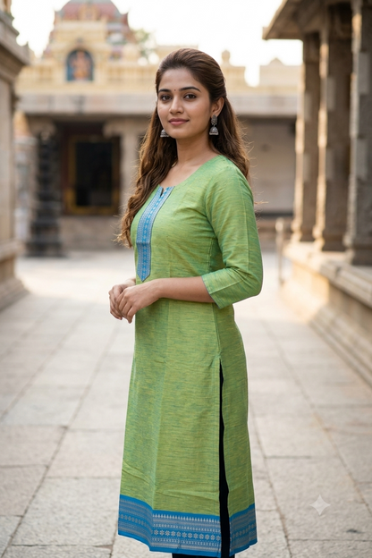 Classic Straight Lime Green Chettinad Cotton Kurti (IB0480)