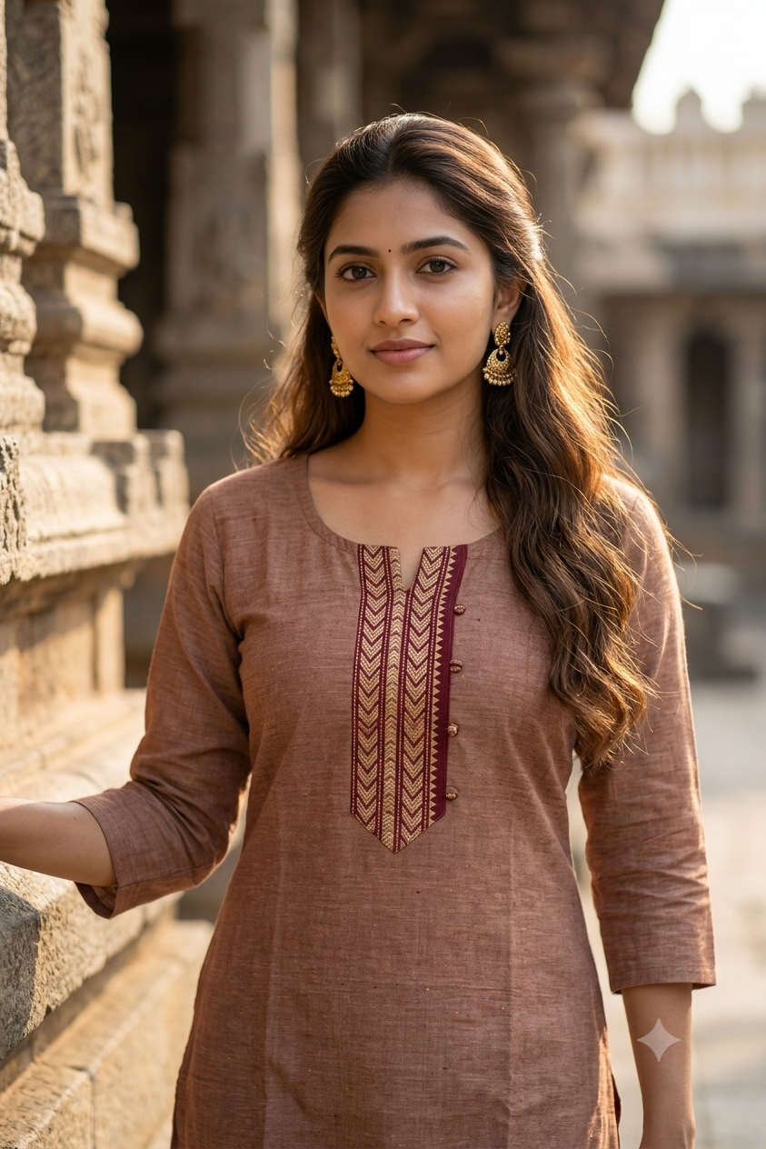 Classic Straight Fawn Brown Chettinad Cotton Kurti (IB0481)