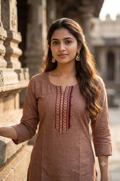 Classic Straight Fawn Brown Chettinad Cotton Kurti (IB0481)