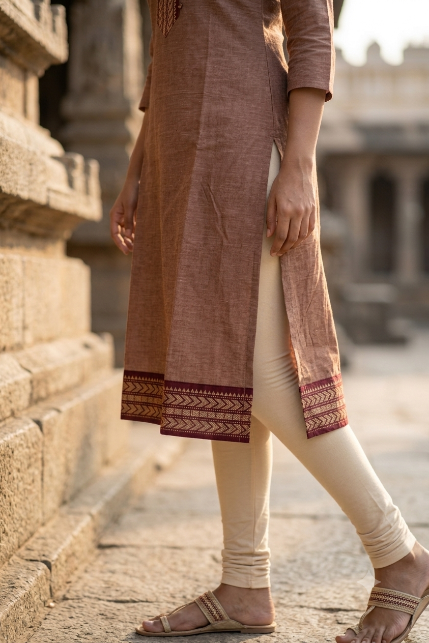 Classic Straight Fawn Brown Chettinad Cotton Kurti (IB0481)