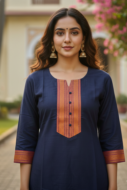 Midnight Blue Handloom Kurti with Orange Yoke (IB0175)