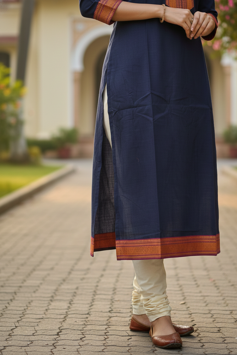 Midnight Blue Handloom Kurti with Orange Yoke (IB0175)
