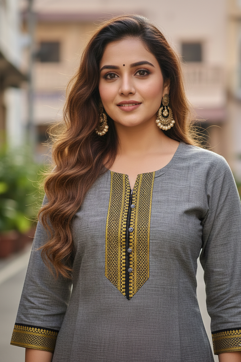 Charcoal Grey Chettinadu Cotton Kurti (IB0176)