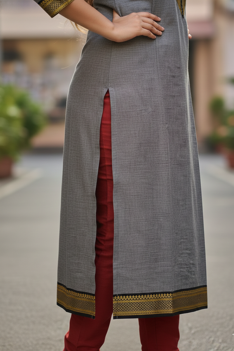 Charcoal Grey Chettinadu Cotton Kurti (IB0176)