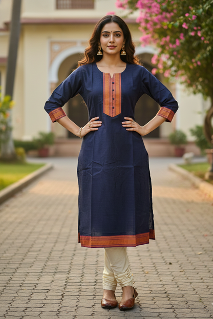 Midnight Blue Handloom Kurti with Orange Yoke (IB0175)