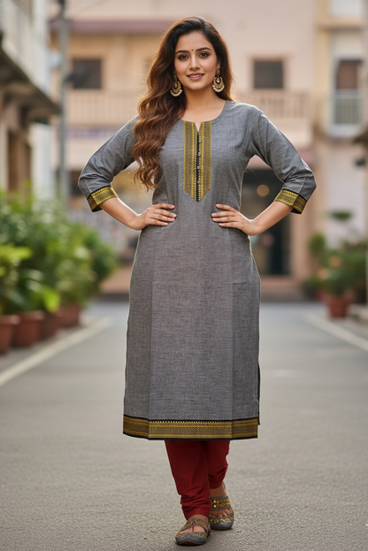 Charcoal Grey Chettinadu Cotton Kurti (IB0176)