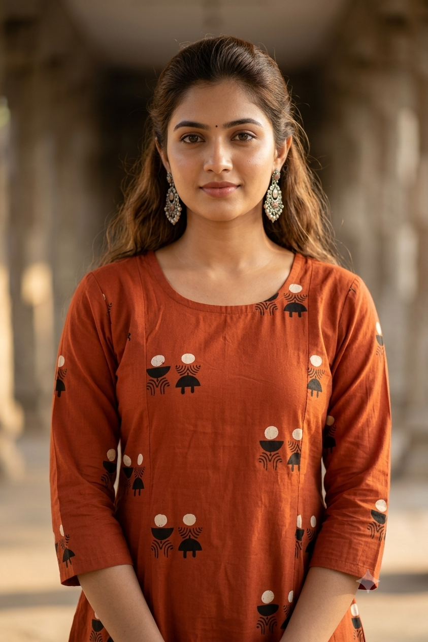 Terracotta Rust Orange Warli Printed Cotton Co-ord Set (IB0506)