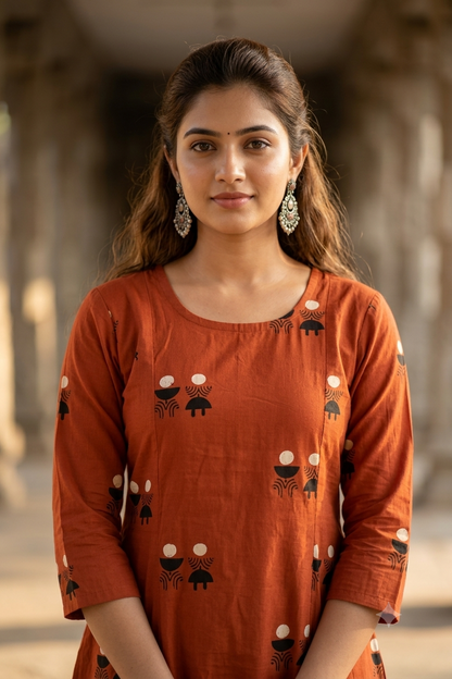 Terracotta Rust Orange Warli Printed Cotton Co-ord Set (IB0506)