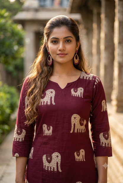 Maroon Wine Elephant Block Print Cotton Co-ord Set (IB0507)