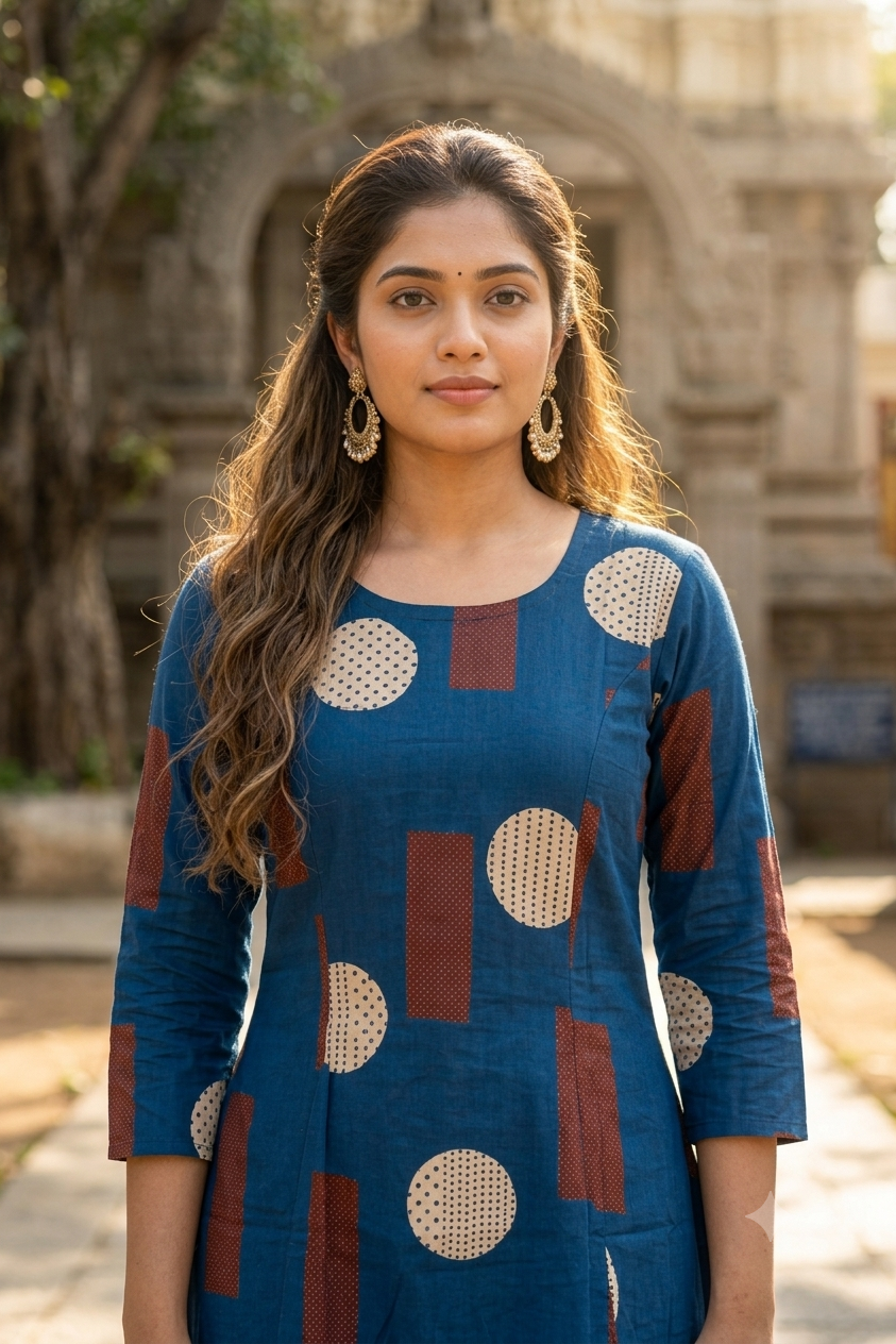 Indigo Blue & Rust Geometric Polka Print Cotton Co-ord Set (IB0508)