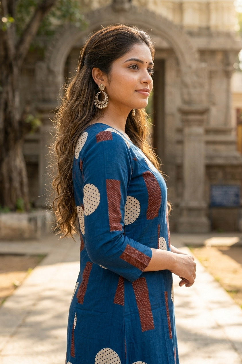 Indigo Blue & Rust Geometric Polka Print Cotton Co-ord Set (IB0508)