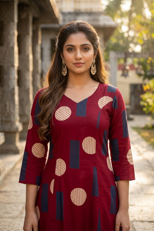 Maroon & Navy Geometric Polka Print Cotton Co-ord Set (IB0509)