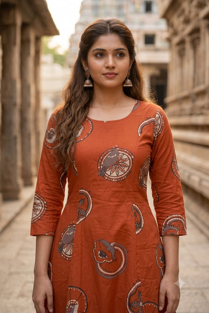 Terracotta Rust Circular Motif Printed Cotton Kurti Co-ord Set (IB0510)