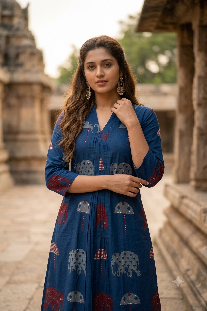 Indigo Blue Block Printed V-Neck Cotton Co-ord Set (IB0512)