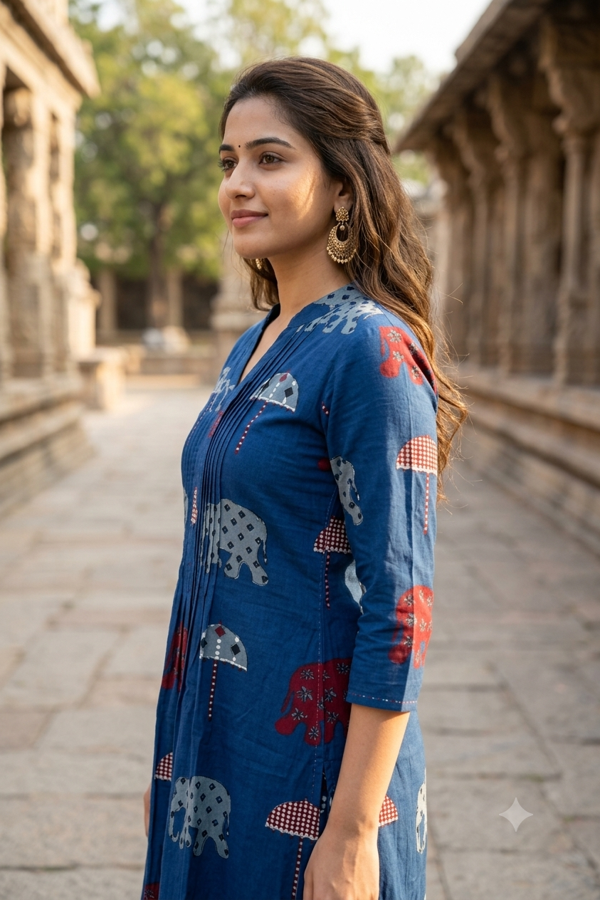 Indigo Blue Block Printed V-Neck Cotton Co-ord Set (IB0512)