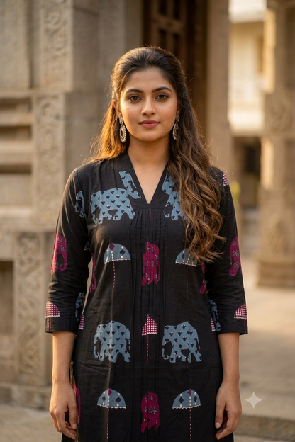 Black Elephant & Umbrella Motif Cotton Co-ord Set (IB0513)