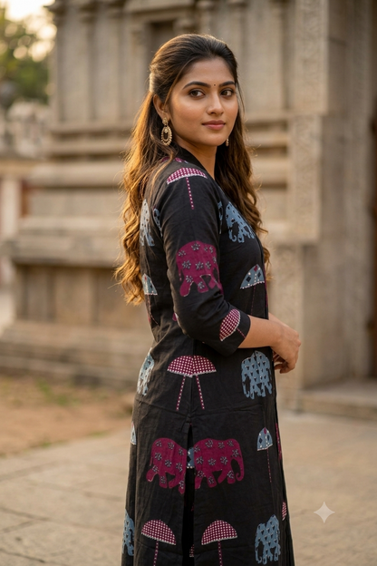 Black Elephant & Umbrella Motif Cotton Co-ord Set (IB0513)