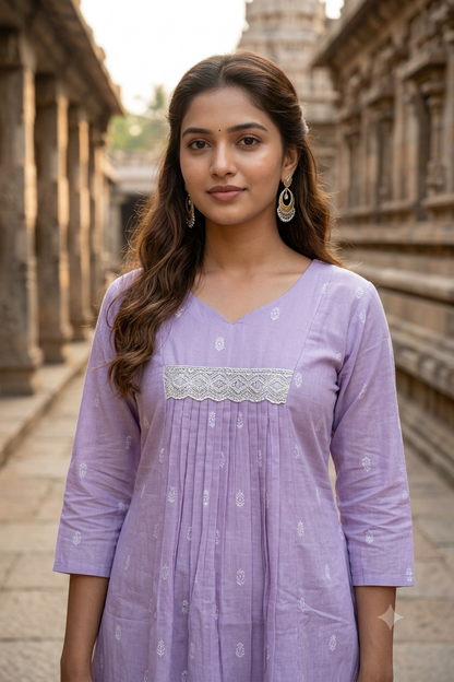 Soft Lavender Printed Cotton Kurti & Wide-Leg Pants Set (IB0514)