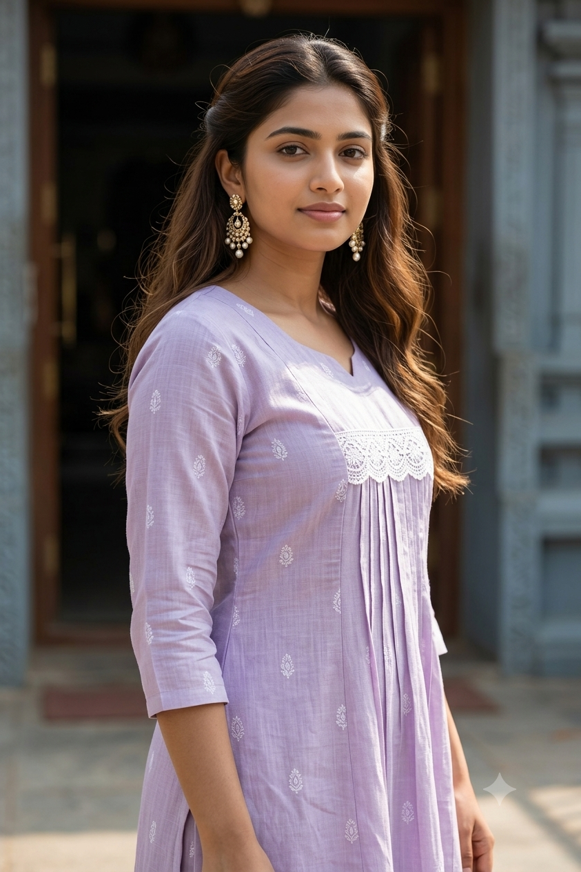 Soft Lavender Printed Cotton Kurti & Wide-Leg Pants Set (IB0514)