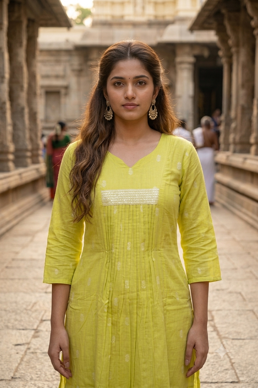 Lime Green Printed Cotton Sleeve Kurti Co-ord Set (IB0515)