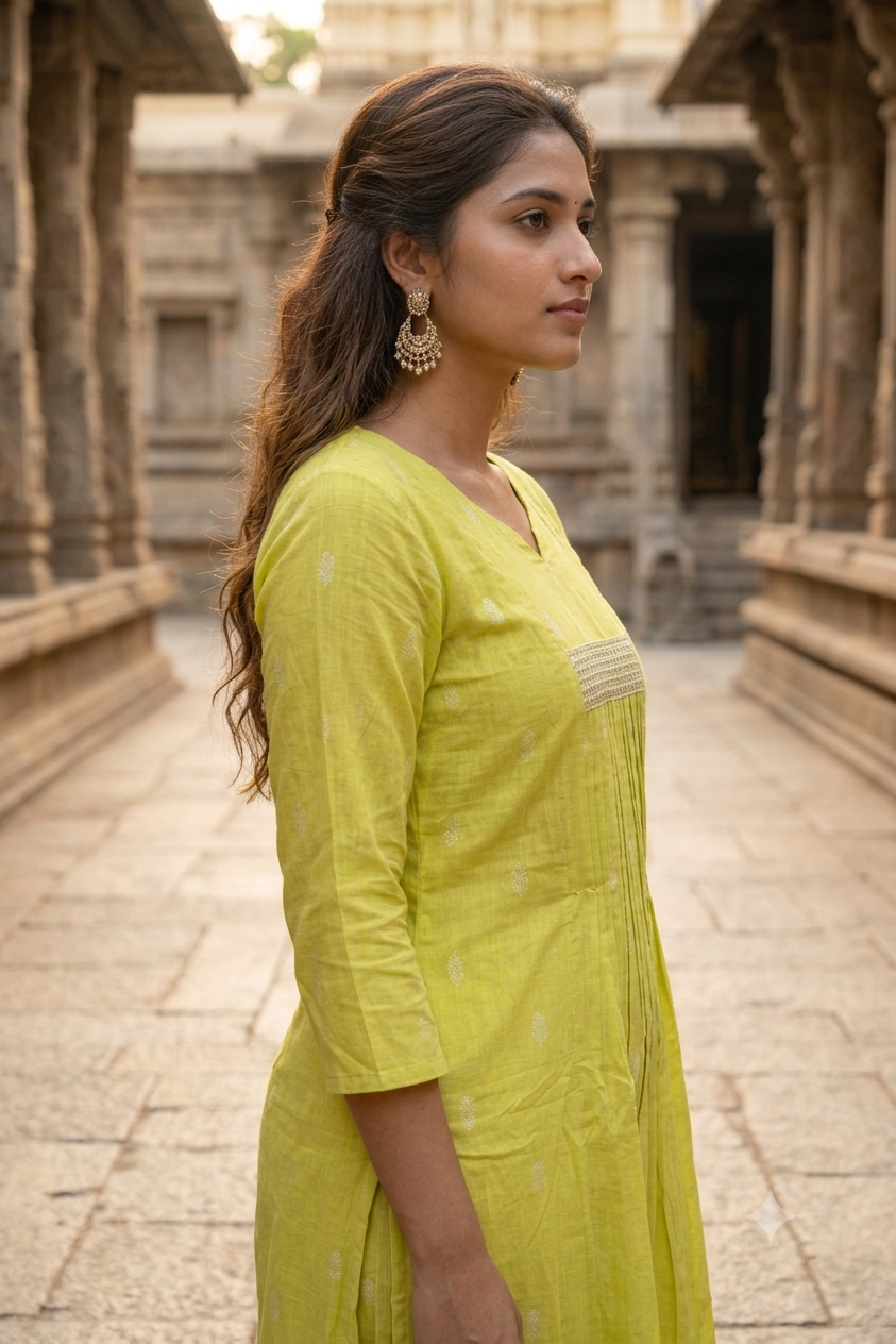 Lime Green Printed Cotton Sleeve Kurti Co-ord Set (IB0515)