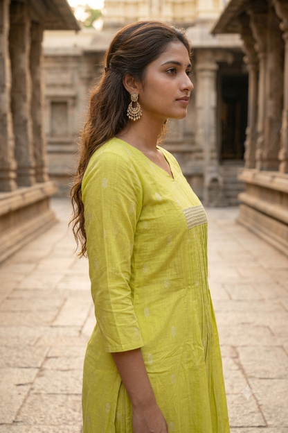 Lime Green Printed Cotton Sleeve Kurti Co-ord Set (IB0515)