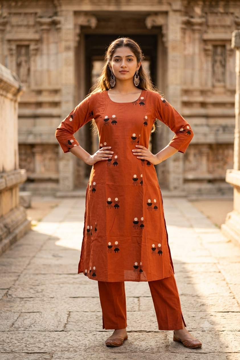 Terracotta Rust Orange Warli Printed Cotton Co-ord Set (IB0506)