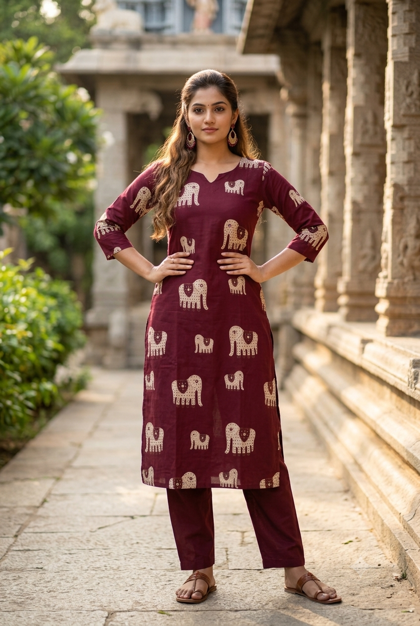 Maroon Wine Elephant Block Print Cotton Co-ord Set (IB0507)