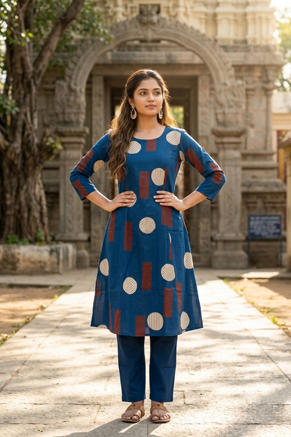 Indigo Blue & Rust Geometric Polka Print Cotton Co-ord Set (IB0508)