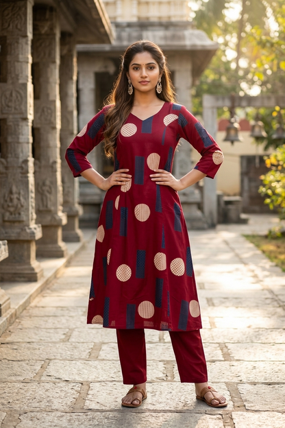 Maroon & Navy Geometric Polka Print Cotton Co-ord Set (IB0509)