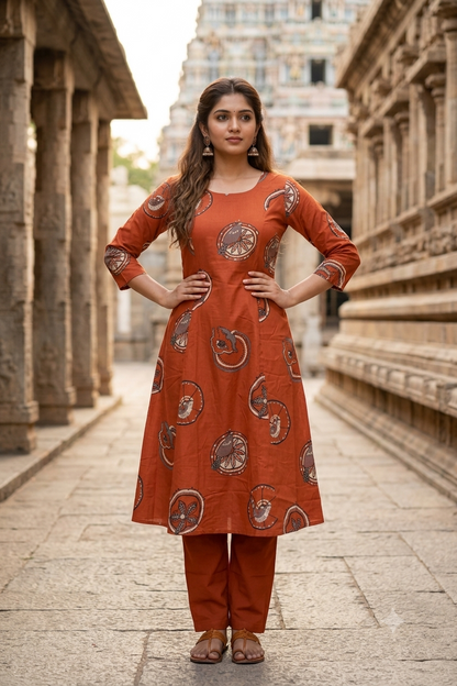 Terracotta Rust Circular Motif Printed Cotton Kurti Co-ord Set (IB0510)