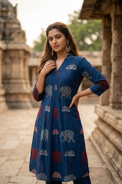 Indigo Blue Block Printed V-Neck Cotton Co-ord Set (IB0512)