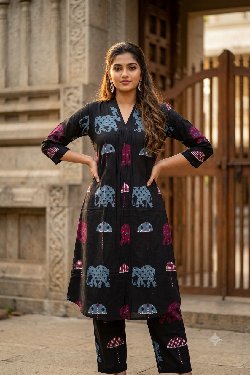 Black Elephant & Umbrella Motif Cotton Co-ord Set (IB0513)