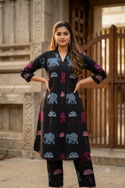 Black Elephant & Umbrella Motif Cotton Co-ord Set (IB0513)