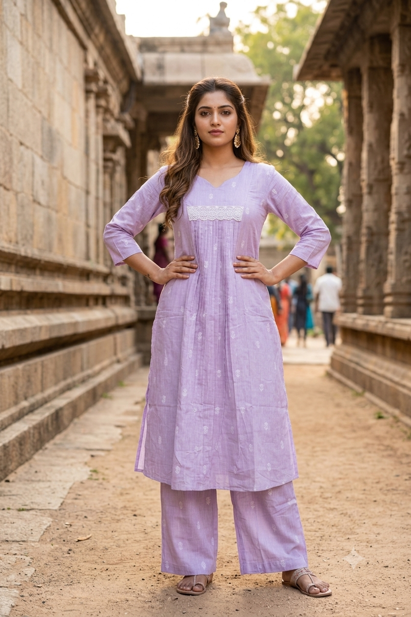 Soft Lavender Printed Cotton Kurti & Wide-Leg Pants Set (IB0514)