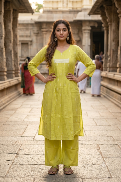Lime Green Printed Cotton Sleeve Kurti Co-ord Set (IB0515)