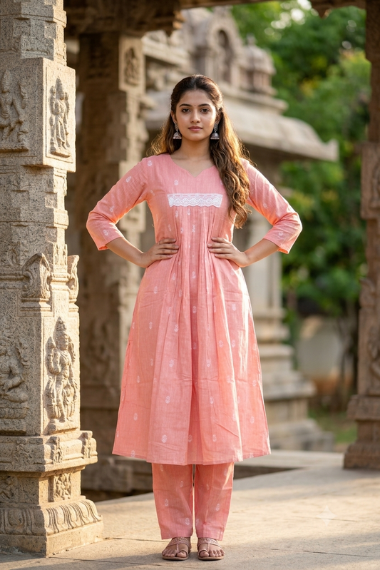 Peach Cotton Printed Co-ord Set with Lace Yoke Detail (IB0516)