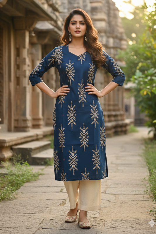 Navy Blue Printed Ethnic Cotton Kurti  (IB0296)