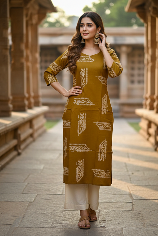 Mustard Yellow Printed Ethnic Cotton Kurti (IB0297)
