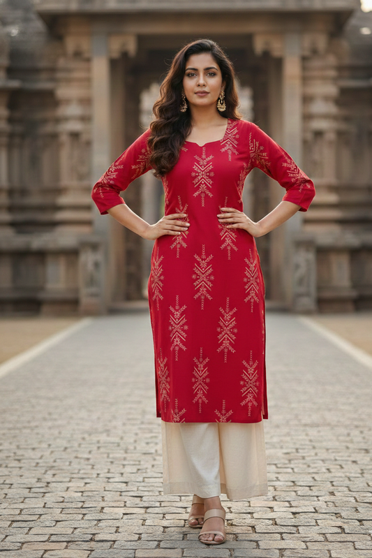 Red Printed Ethnic Cotton Kurti (IB0298)