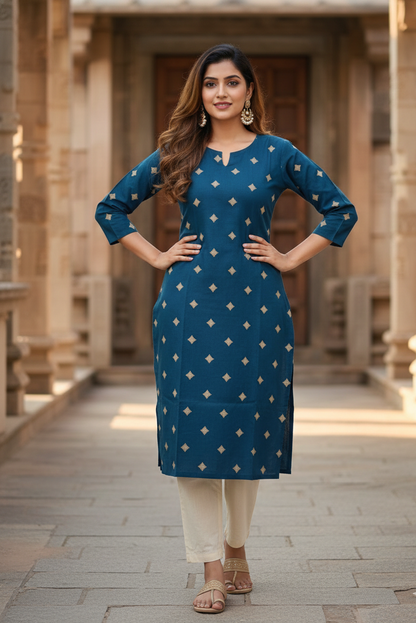 Teal Blue Printed Ethnic Cotton Kurti (IB0299)