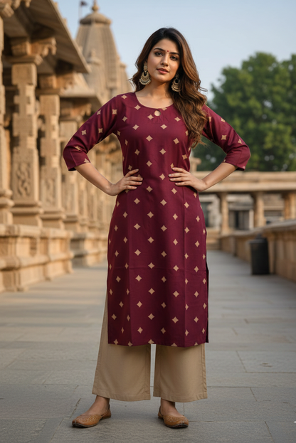 Wine Maroon Printed Ethnic Cotton Kurti (IB0300)