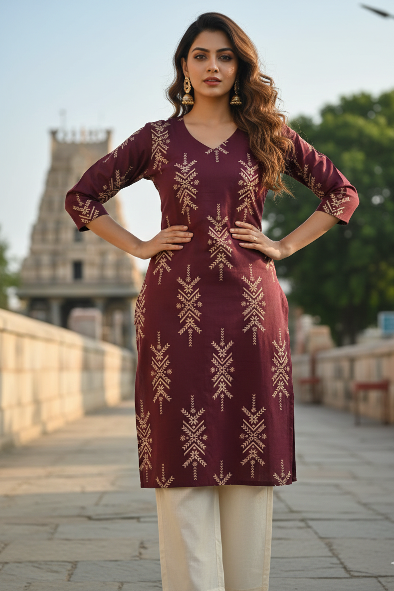 Wine Maroon Printed Ethnic Cotton Kurti (IB0301)
